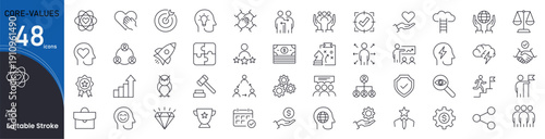 Core Values icon set. Ethics and business principle related line icons. integrity, honesty, respect, responsibility, teamwork, innovation,  trust, vision and more. Editable stroke.