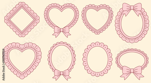 Coquette Frames with Cloth Ruffles Set, Whimsical Wedding Decor Lace Borders in Heart, Oval, and Diamond Shapes, Hand Drawn Romantic Victorian Vector Decorative Elements.