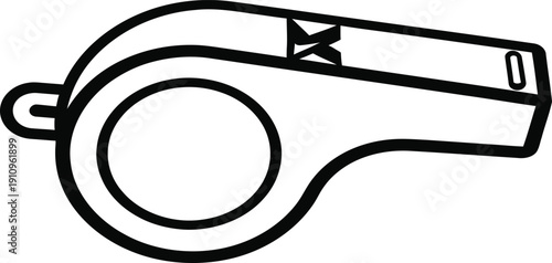 A simple line drawing of a whistle on a white background is depicted.