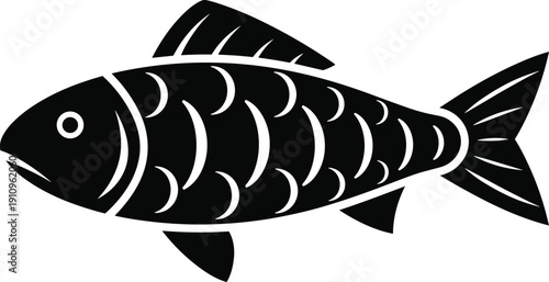 Stylized black silhouette of a fish with scales and fins against a white background animal