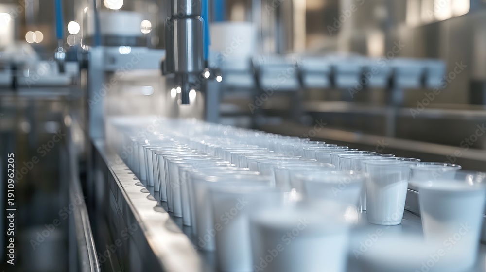 Fototapeta premium A large production line of plastic cups in a factory setting with industrial machinery