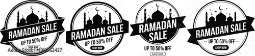 Ramadan sale badges with mosque silhouettes and discounts vector illustration