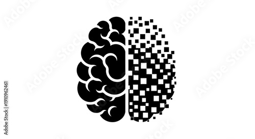 A human brain illustration showcasing the contrast between the organic left hemisphere and the pixelated right hemisphere representing technology and innovation