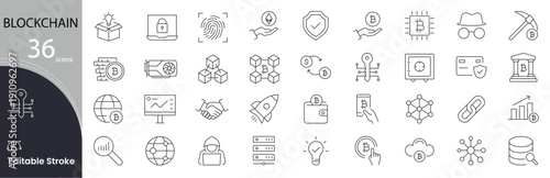 Blockchain icon set. Cryptocurrency and decentralized technology related line icons: ledger, chain, bitcoin, security, digital currency, smart contract, node, crypto wallet and more. Editable stroke. 
