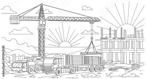 Crane Construction Site Illustration Drawing.
