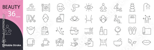 Beauty icon set. Cosmetics and skincare related line icons: makeup, lipstick, brush, mirror, skincare, haircare, perfume, nails, spa and more. Editable stroke.