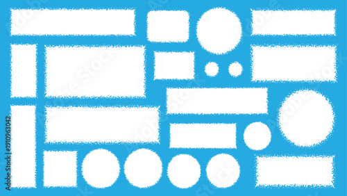 White abstract grunge shapes rectangles circles and squares with rough edges on blue background vector art