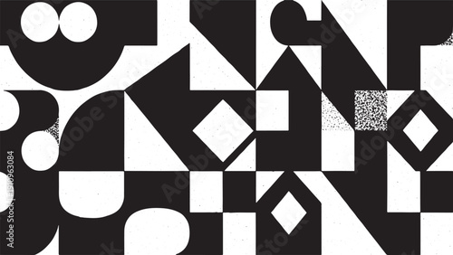 Abstract geometric pattern with various shapes and textured elements, seamless vector background, creative design illustration