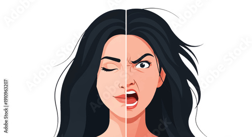Woman Face with Split Dual Emotions Happy and Angry Vector Illustration