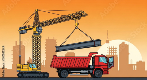 Crane Lifting Beam onto Truck.