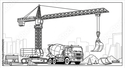 Crane lifting concrete for construction.