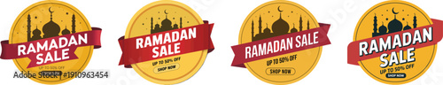 Ramadan sale badges with mosque on yellow backgrounds vector illustration