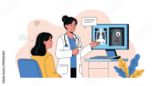 Female doctor in a white coat explains a chest x-ray displayed on a computer screen to a young female patient in a clinic.
