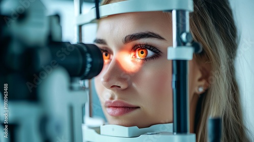 A young woman undergoes an eye examination with a phoropter in a medical setting.