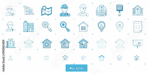 Collection of light blue line icons representing construction and real estate