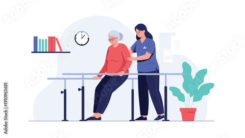 Nurse in blue scrubs assists an elderly woman in a red sweater using parallel bars for physical therapy in a bright room.