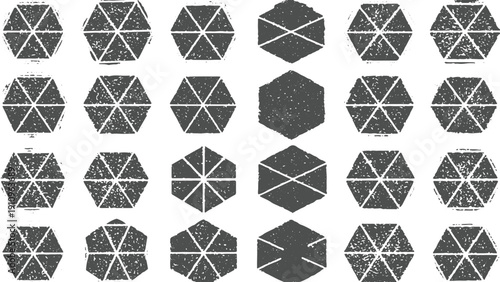 Collection of grunge hexagonal shapes, various distressed frames and set patterns, dark grey stamps vector design on transparent background
