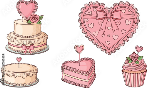 Sweet valentine's day treats and decorations featuring heart shapes and pastel colors