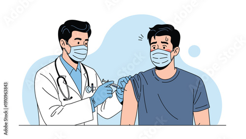 Male doctor wearing a mask and gloves prepares to give a vaccination shot to a nervous young man in a blue t-shirt.