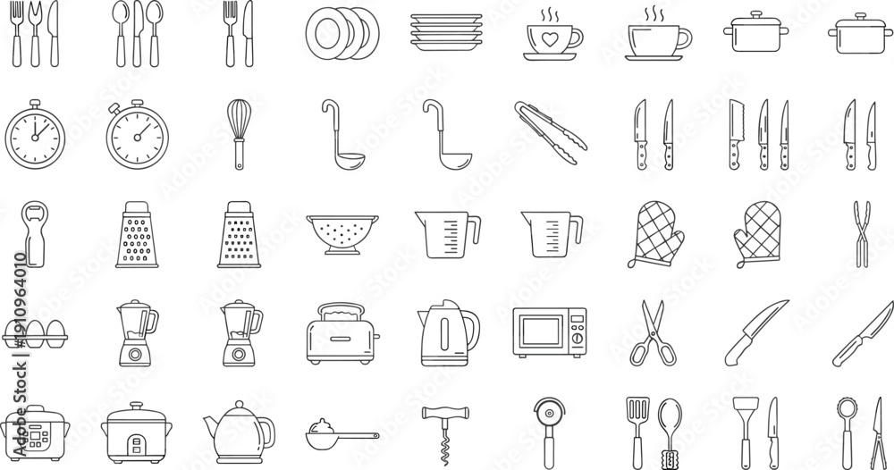 Fototapeta premium Hand Drawn Kitchen Tools Icon Set with Knives Cutlery Appliances Cookware Measuring Cups and Cooking Equipment Outline Vector Collectio