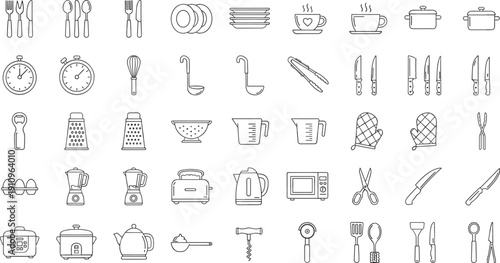 Hand Drawn Kitchen Tools Icon Set with Knives Cutlery Appliances Cookware Measuring Cups and Cooking Equipment Outline Vector Collectio