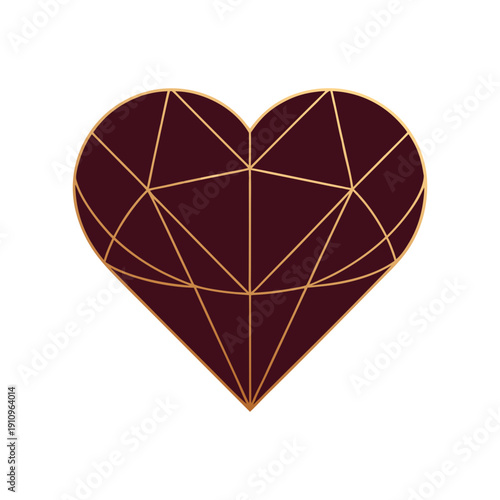 Geometric abstract heart shape featuring intricate golden linear subdivisions creating a complex three dimensional illusion against a solid deep burgundy background perfect for logos or design element