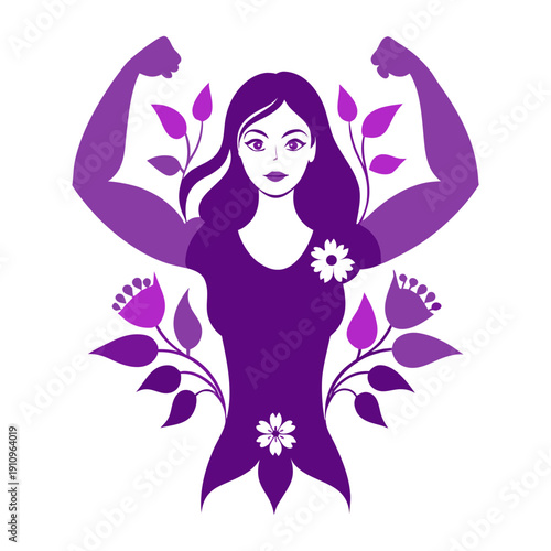 Empowered feminist woman illustration showcasing strength and natural growth adorned with stylized purple flowers representing resilience and the powerful spirit of womanhood for international women's