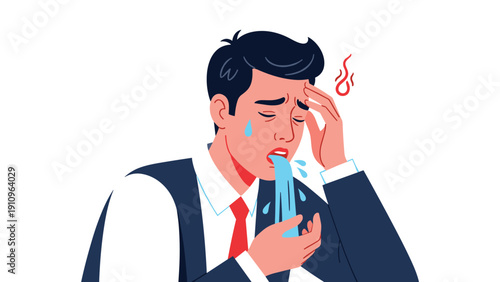 Sick man in a suit and tie is sweating profusely and appears to be coughing or vomiting while holding his forehead in pain.