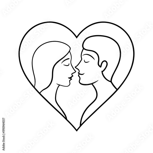 Simple black and white line art illustration depicting a loving couple nearly kissing nestled closely within the gentle outline of a large heart symbolizing eternal romance and deep affection between 