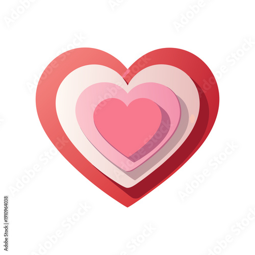 Layered paper cutout heart icon featuring concentric shapes in shades of pink and red representing love affection romance and Valentine's day celebration with a distinctive shadow effect creating dept