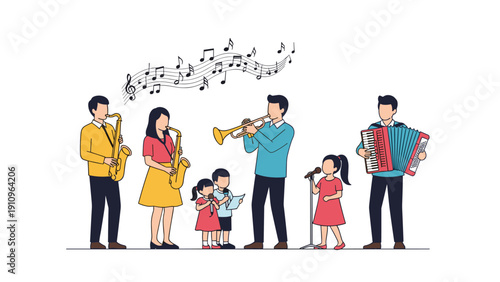 Diverse group of people including children play the saxophone, trumpet, and accordion while singing along to music notes.