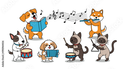 Various breeds of dogs and cats perform music together with a flute, accordion, drums, triangle, and singing from a book.