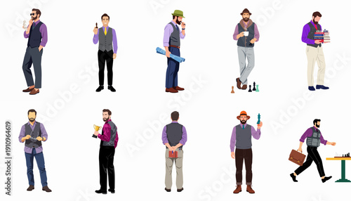 Modern Professional Men Illustrations Set: Diverse stylish businessmen and creative professionals embodying strategy, intelligence, and success through chess pieces and intellectual pursuits.
