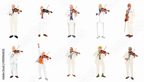 Ten stylish senior men in white suits playing the violin, isolated vector illustrations showcasing diverse musical performance and individuality.