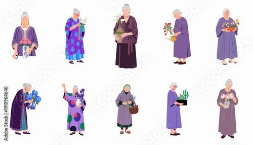 Diverse senior women tending flowers, an isolated collection of illustrations celebrating hobbies, aging, gardening, and leisure activities.