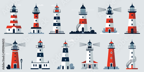Lighthouses Collection, Cartoon Nautical Navigation Light Towers and Beacon Symbols, Marine Seaside Architecture in Flat Style, Coastal Vector Illustration Set.