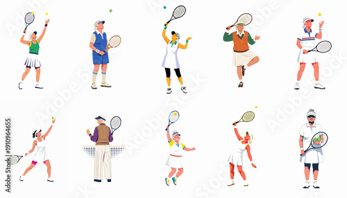 Vector illustration set of diverse tennis players, showing seniors and young adults in dynamic action poses isolated on white.