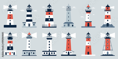 Lighthouses Collection, Cartoon Nautical Navigation Light Towers and Beacon Symbols, Marine Seaside Architecture in Flat Style, Coastal Vector Illustration Set.