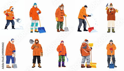 Collection of diverse snow removal workers in warm orange parkas and winter gear, depicted in various poses with shovels and tools.