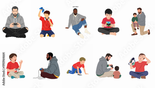 Vector set of diverse men and boys gaming, relaxing, and enjoying father-son time on the floor, isolated on white background.
