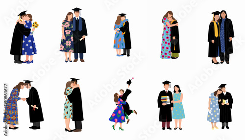 Collection of Vector Illustrations Showing Graduates Celebrating Academic Success and Hugging Family Members and Friends on Graduation Day.