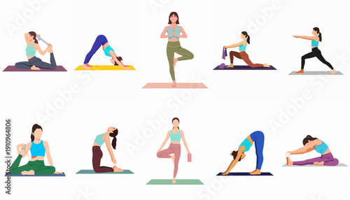 Women practicing a variety of yoga poses and asanas, demonstrating fitness, wellness, meditation, and healthy lifestyle exercises in flat vector illustration.