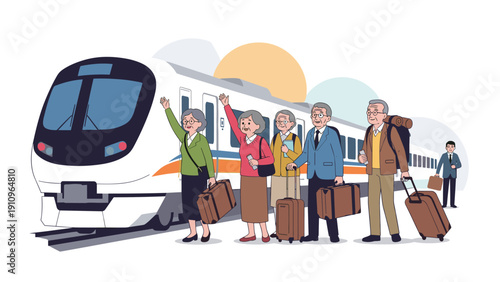 Group of five elderly people holding suitcases stand on a platform next to a modern white and orange high-speed train.