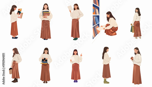 Stylish Vector Set of Young Woman in Cozy Sweater and Long Skirt Poses, Engaged in Reading, Shopping, and Leisure Activities.