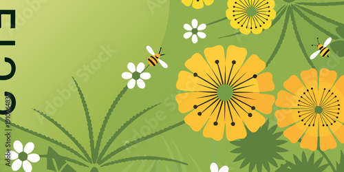 Stylized illustration of yellow flowers bees and green foliage