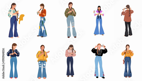 Collection of Boho-Chic Women in 70s Bell Bottom Jeans and Embroidered Blouses Braiding Hair, Isolated Vector Set for Fashion and Beauty.