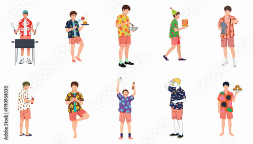 Young men in Hawaiian shirts preparing food, grilling, and celebrating a summer barbecue or tropical party, vector character set on white.