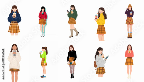 A collection of stylish young women enjoying bubble tea while wearing cozy sweaters and checkered mini skirts, isolated on white.