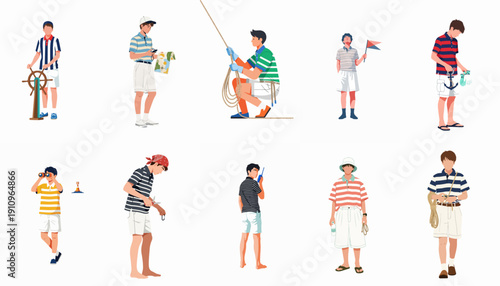 Set of vector illustrations depicting young men sailors and yacht crew members performing essential nautical tasks and maritime activities on white background.
