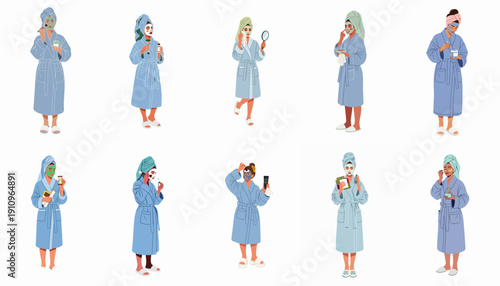 Women's Self-Care Routine Collection: Diverse illustrations of ladies applying face masks and beauty products, relaxing in bathrobes, symbolizing spa time and skin wellness.